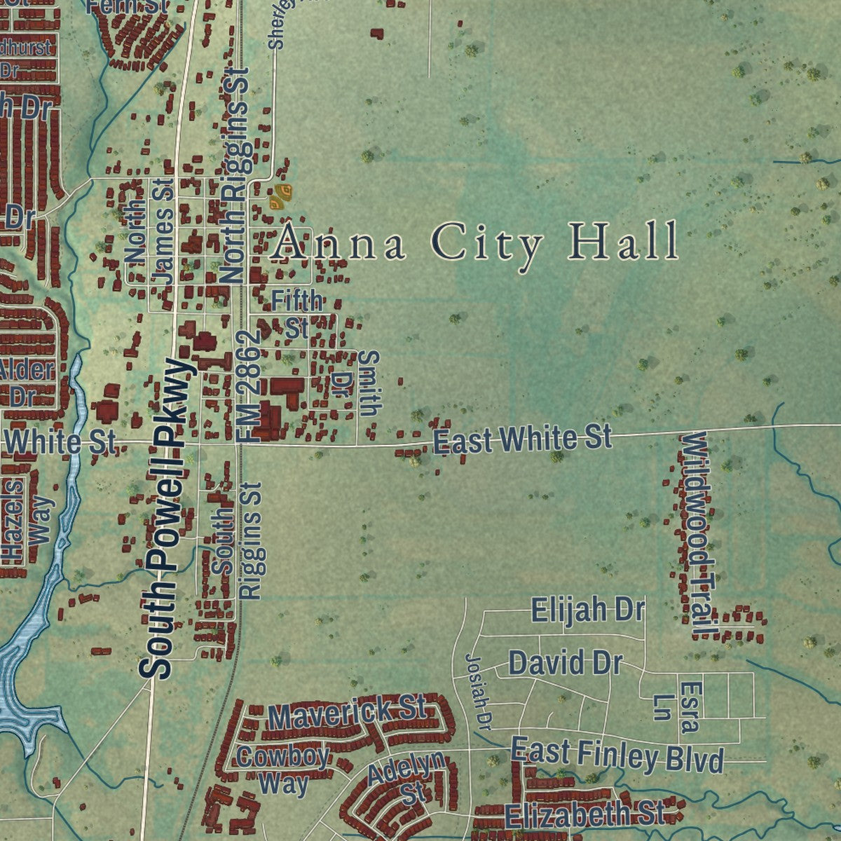 Close-up of the map of Anna, Texas print showing street and building detail