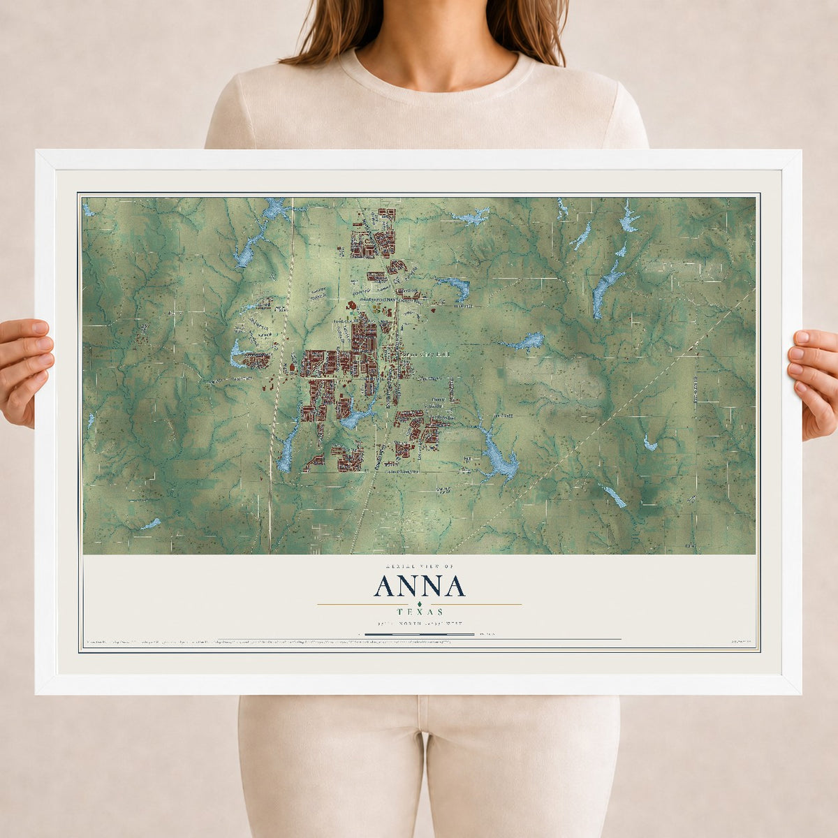 Map of Anna, Texas, 18 x 24 inch print in a white wood frame