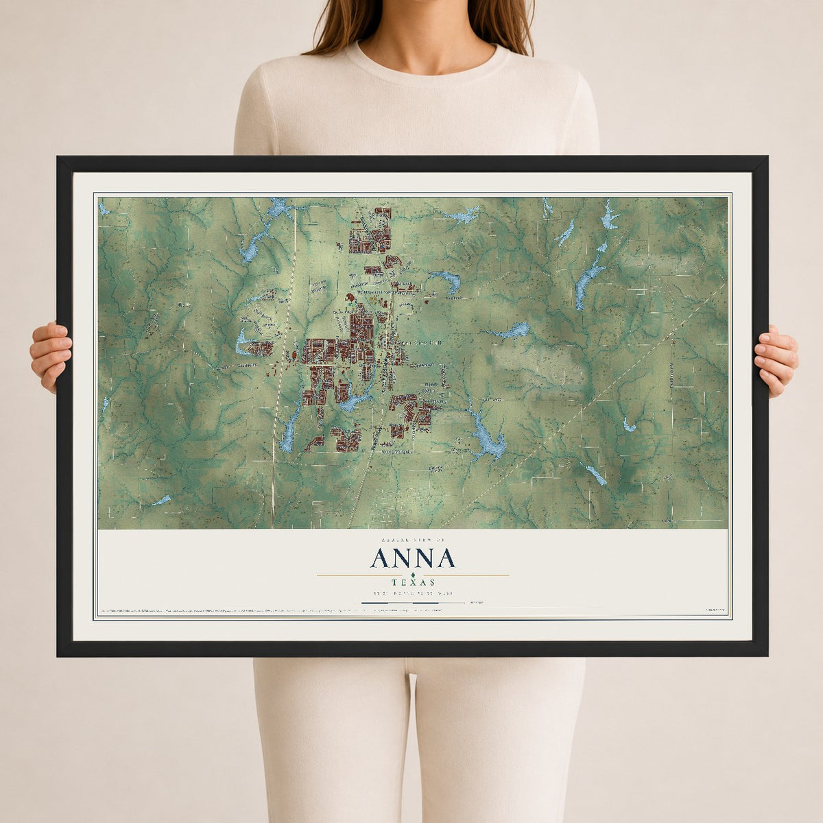 Map of Anna, Texas, 24 x 36 inch print in a black wood frame