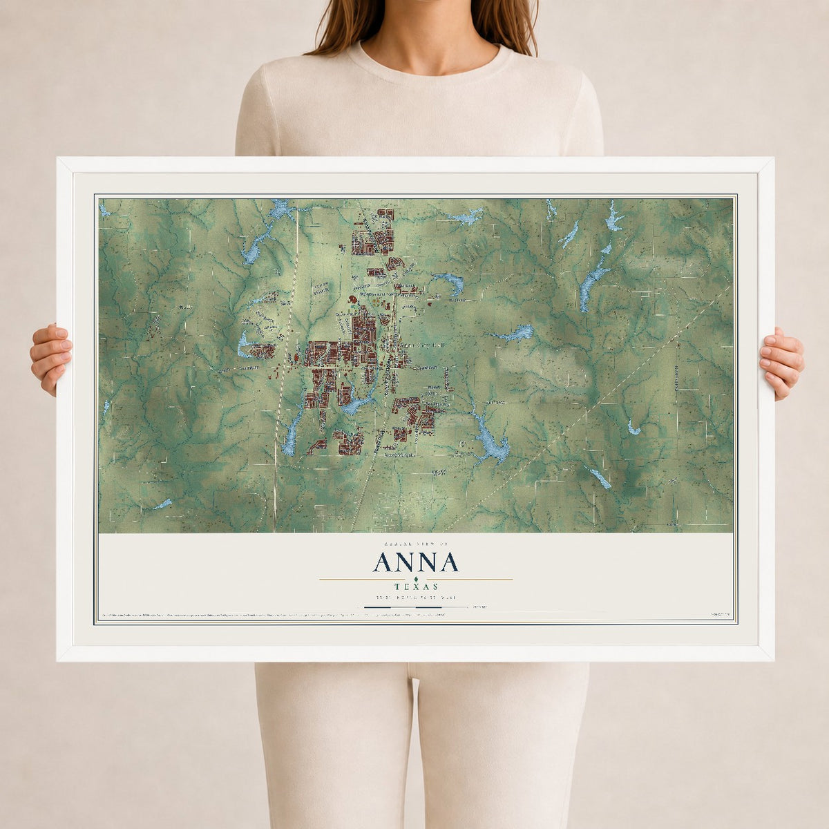 Map of Anna, Texas, 24 x 36 inch print in a white wood frame