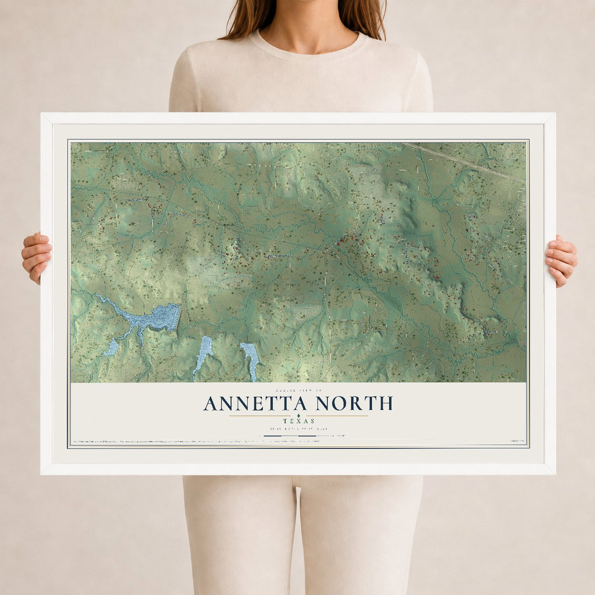 Map of Annetta North, Texas, 24 x 36 inch print in a white wood frame