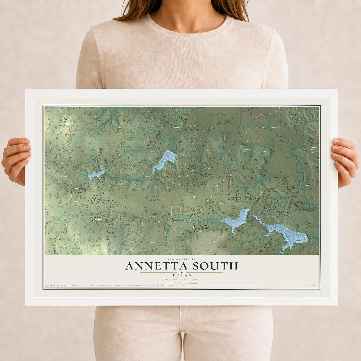 Map of Annetta South, Texas, 12 x 18 inch print in a white wood frame