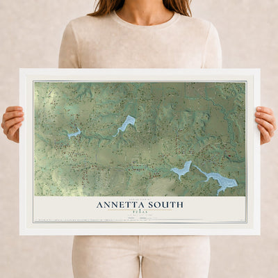 Map of Annetta South, Texas, 12 x 18 inch print in a white wood frame