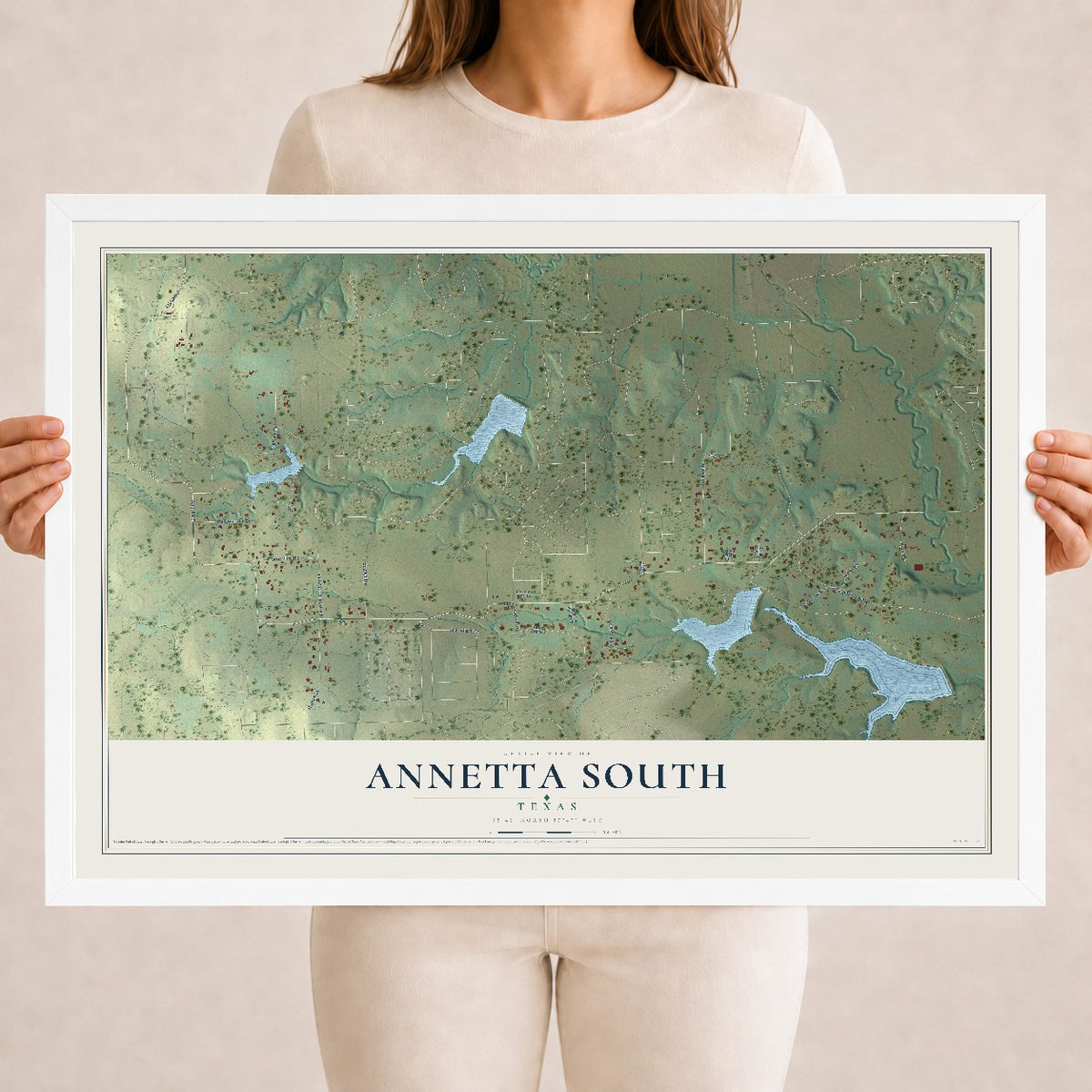 Map of Annetta South, Texas, 18 x 24 inch print in a white wood frame