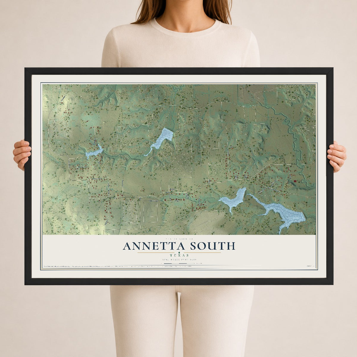 Map of Annetta South, Texas, 24 x 36 inch print in a black wood frame