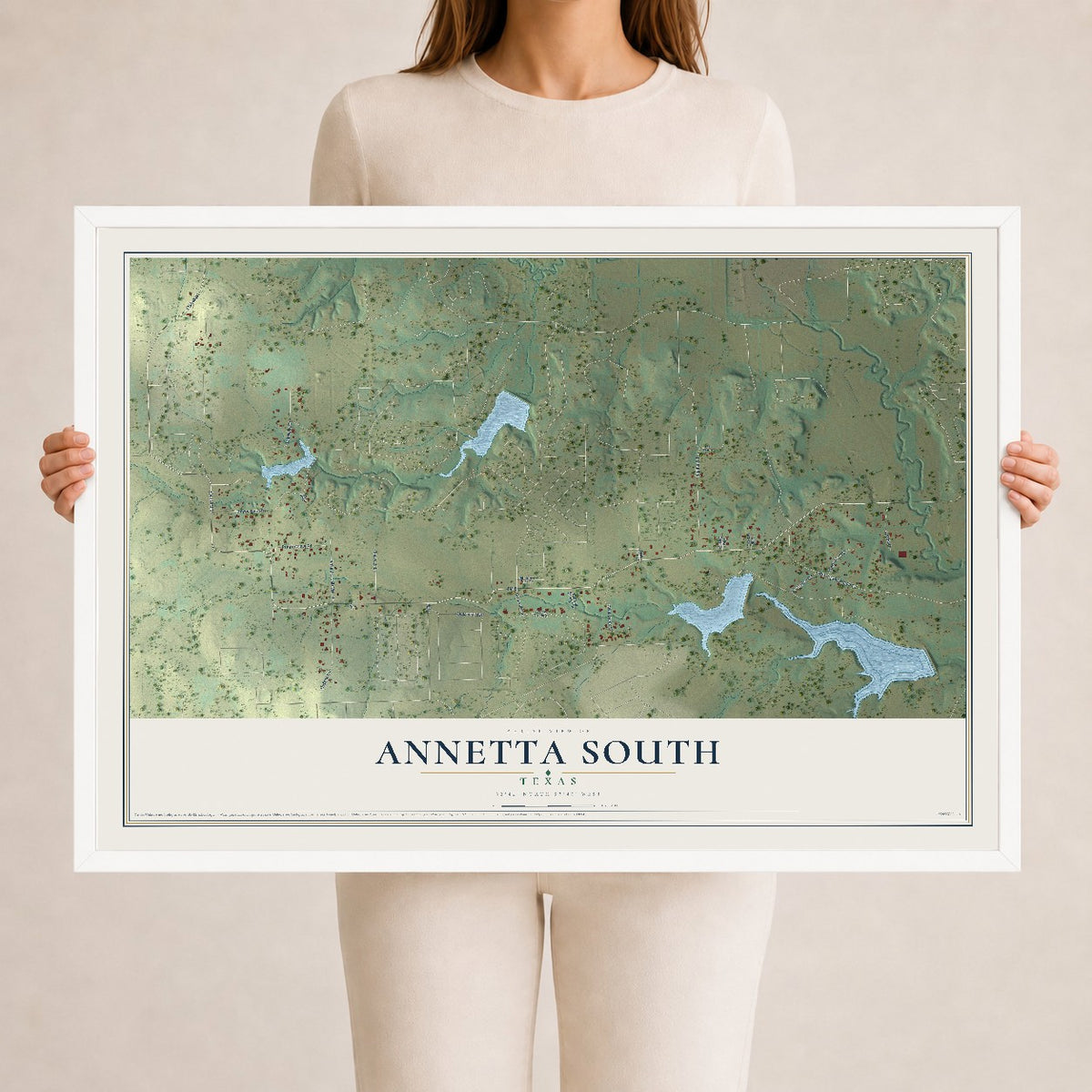 Map of Annetta South, Texas, 24 x 36 inch print in a white wood frame