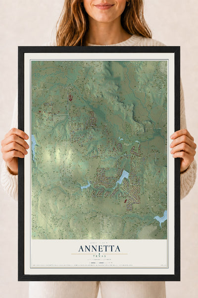 Map of Annetta, Texas, 18 x 24 inch print in a black wood frame