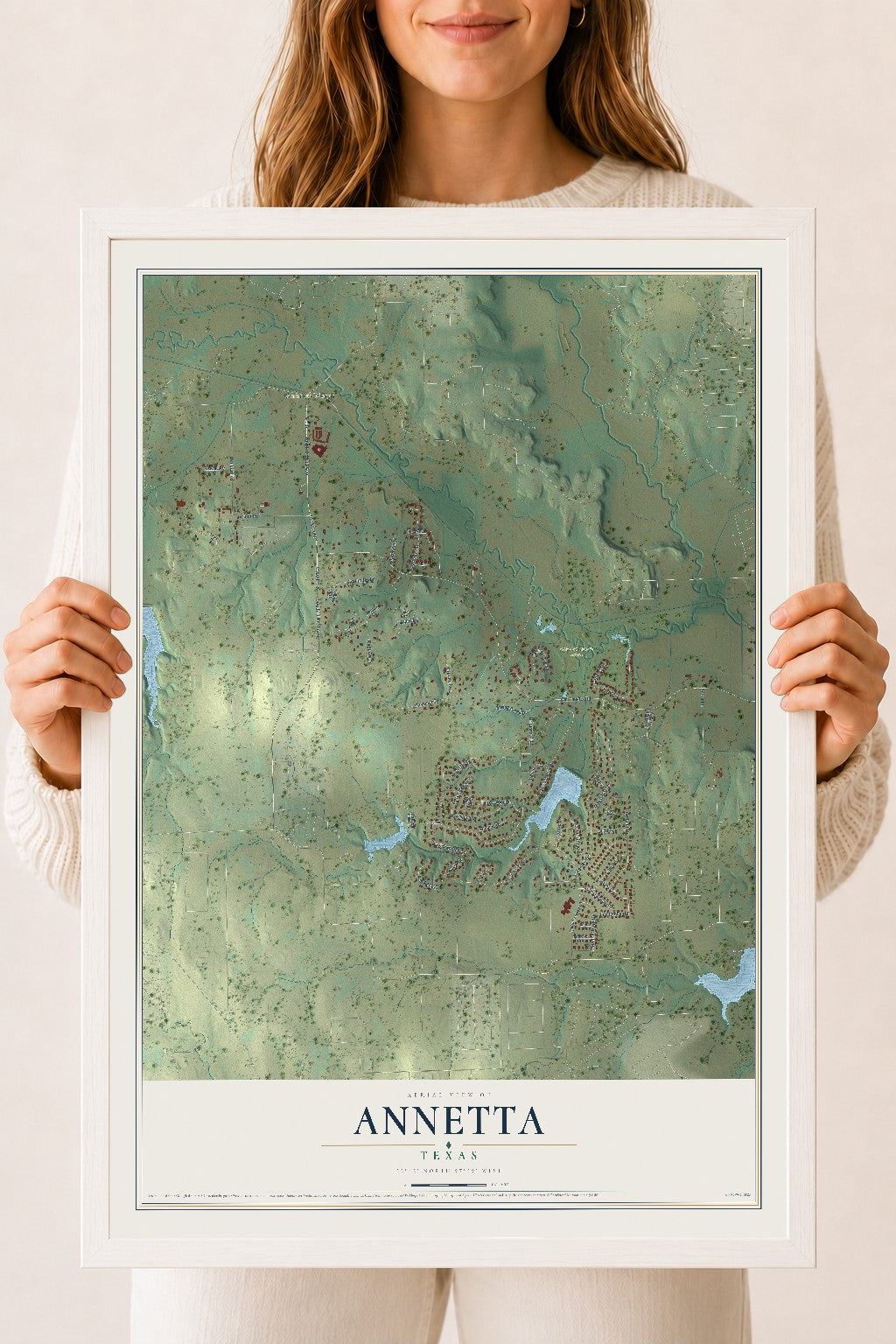 Map of Annetta, Texas, 18 x 24 inch print in a white wood frame
