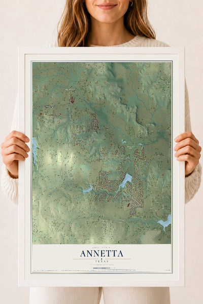 Map of Annetta, Texas, 18 x 24 inch print in a white wood frame