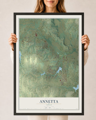 Map of Annetta, Texas, 24 x 36 inch print in a black wood frame