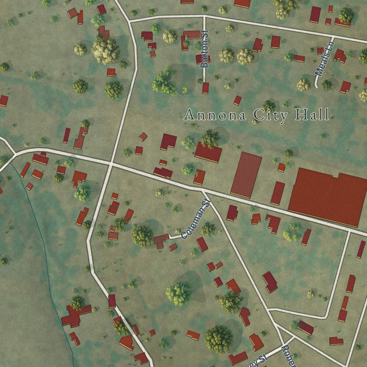 Close-up of the map of Annona, Texas print showing street and building detail