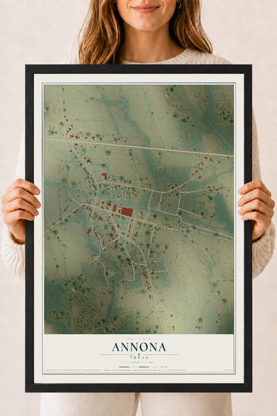 Map of Annona, Texas, 18 x 24 inch print in a black wood frame