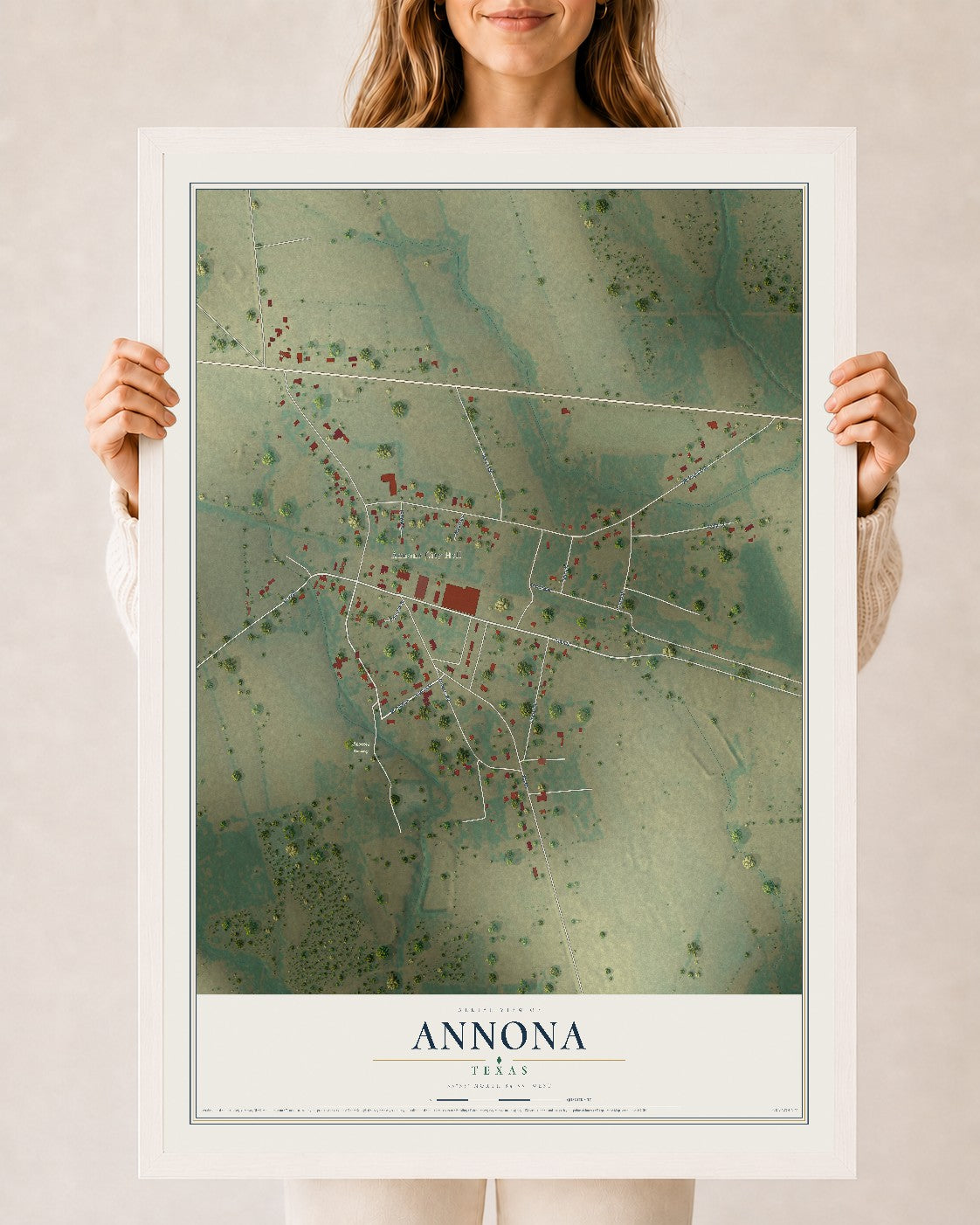 Map of Annona, Texas, 24 x 36 inch print in a white wood frame