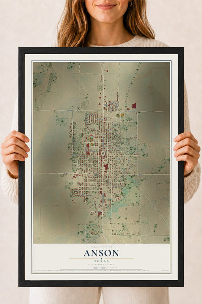 Map of Anson, Texas, 18 x 24 inch print in a black wood frame