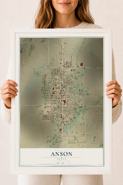Map of Anson, Texas, 18 x 24 inch print in a white wood frame