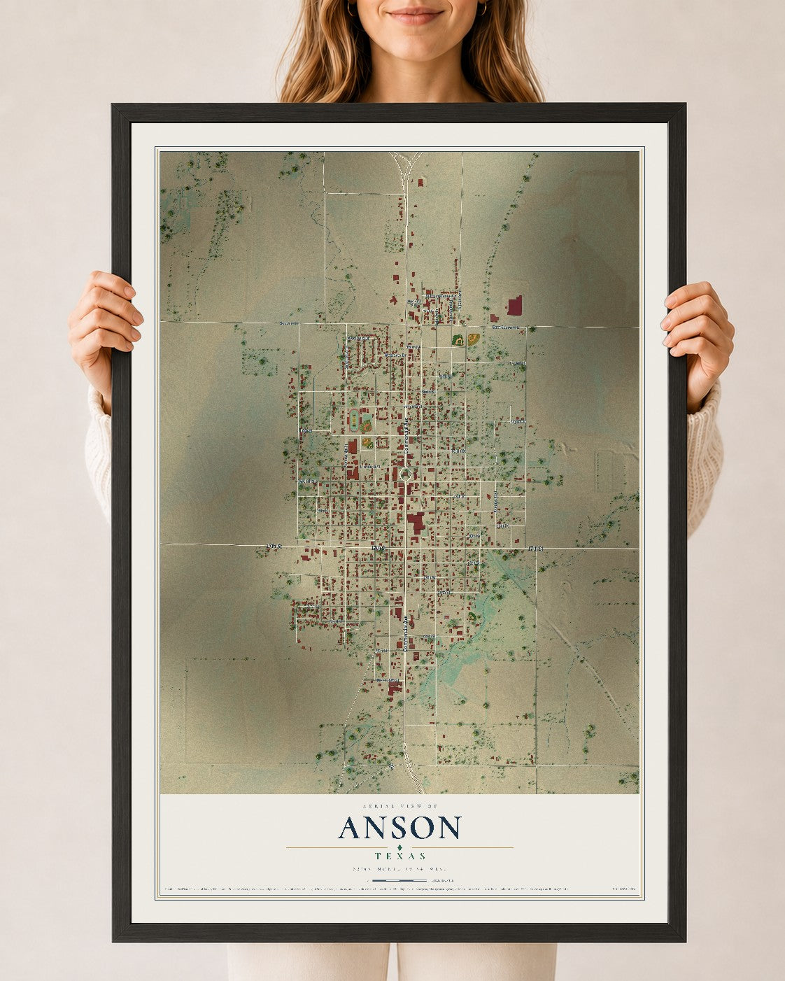 Map of Anson, Texas, 24 x 36 inch print in a black wood frame