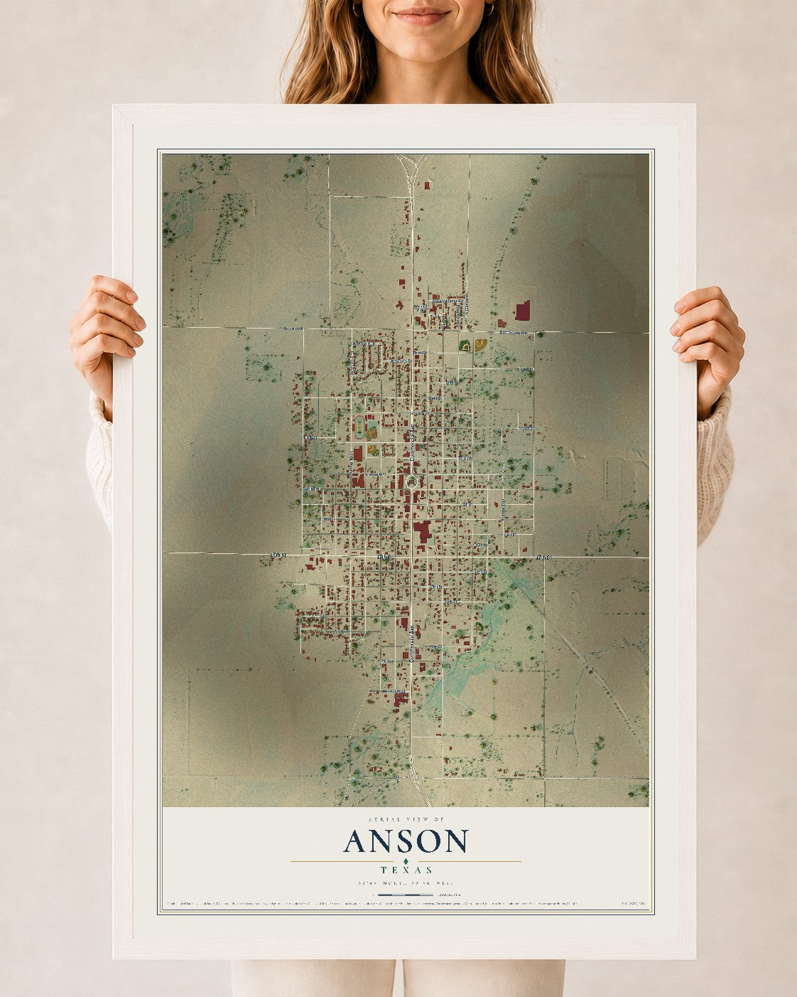 Map of Anson, Texas, 24 x 36 inch print in a white wood frame