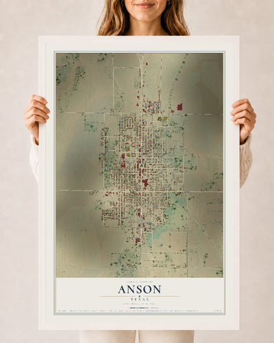 Map of Anson, Texas, 24 x 36 inch print in a white wood frame