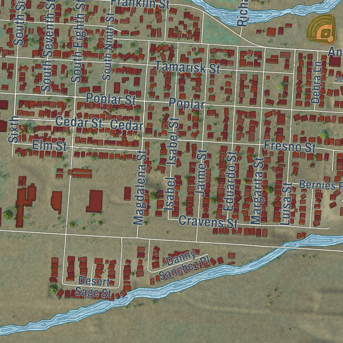 Close-up of the map of Anthony, Texas print showing street and building detail