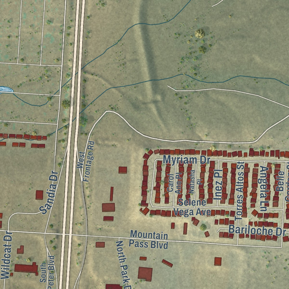 Second close-up of the map of Anthony, Texas print showing more streets and buildings