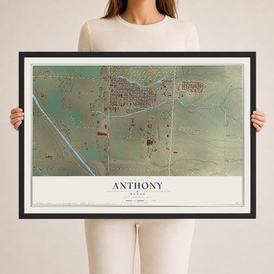 Map of Anthony, Texas, 24 x 36 inch print in a black wood frame