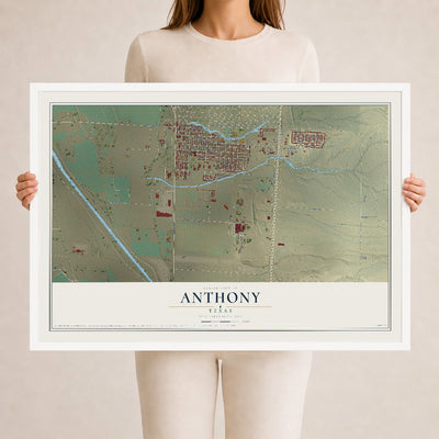 Map of Anthony, Texas, 24 x 36 inch print in a white wood frame