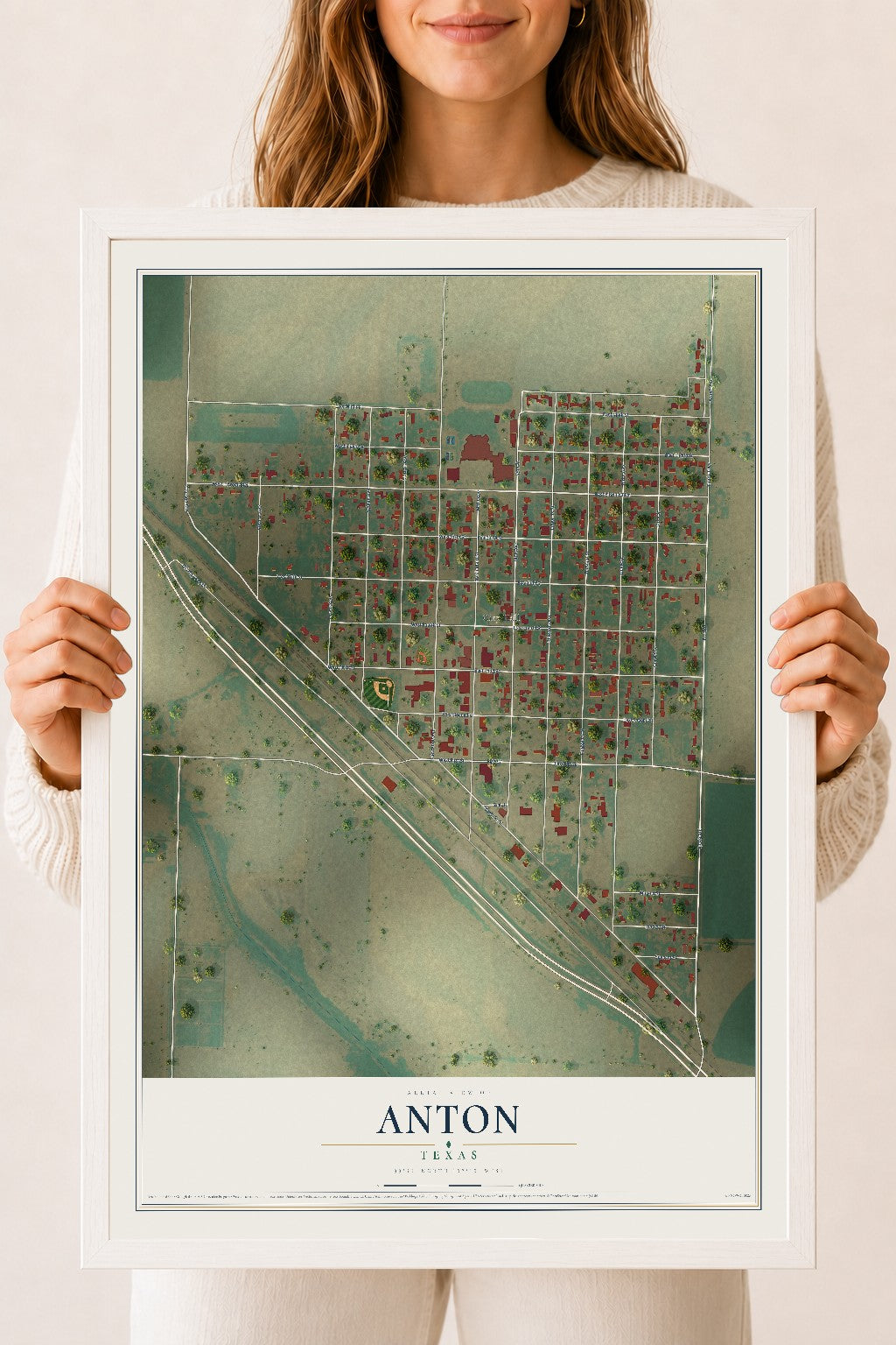 Map of Anton, Texas, 18 x 24 inch print in a white wood frame