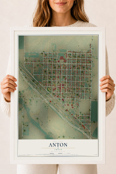 Map of Anton, Texas, 18 x 24 inch print in a white wood frame