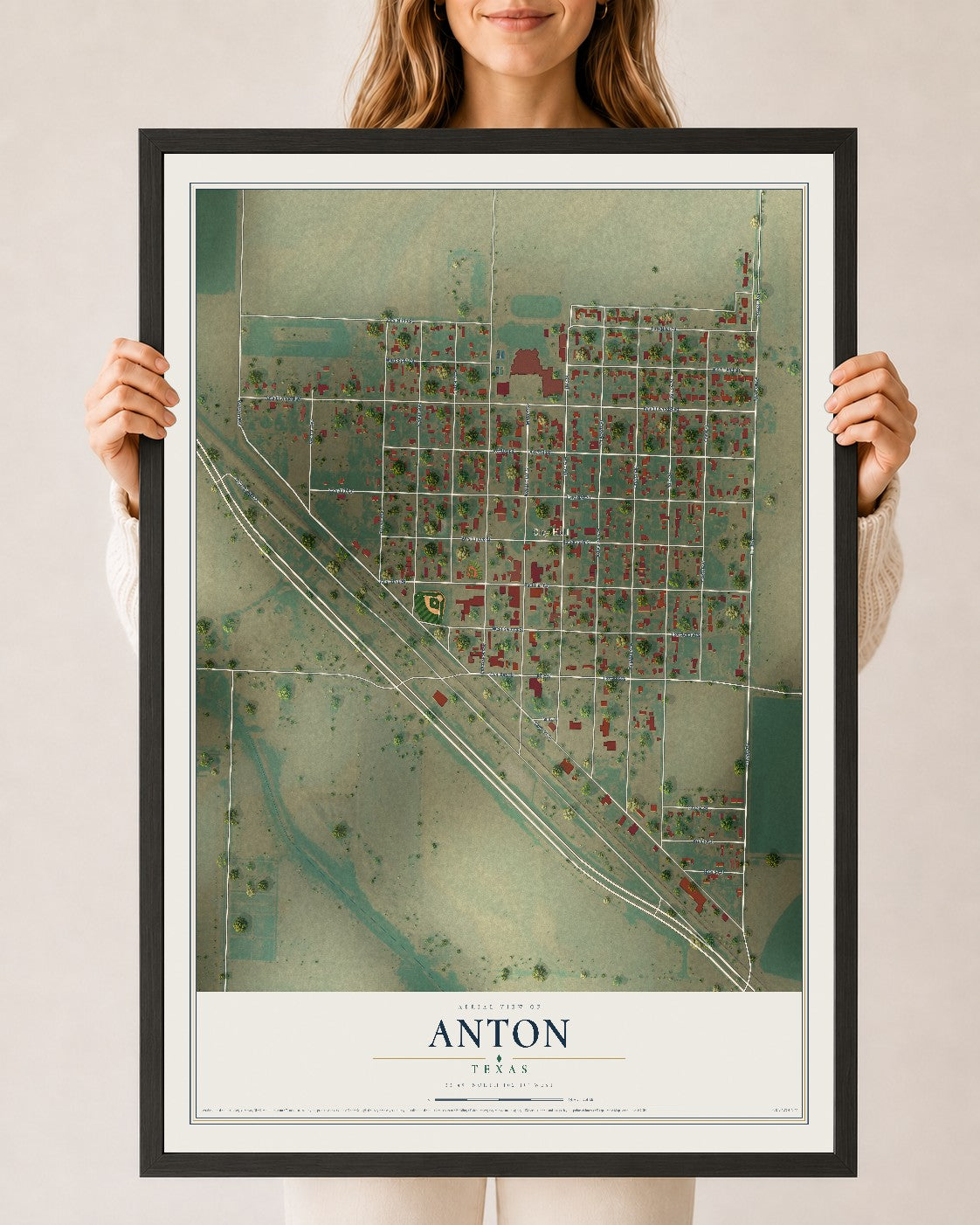 Map of Anton, Texas, 24 x 36 inch print in a black wood frame