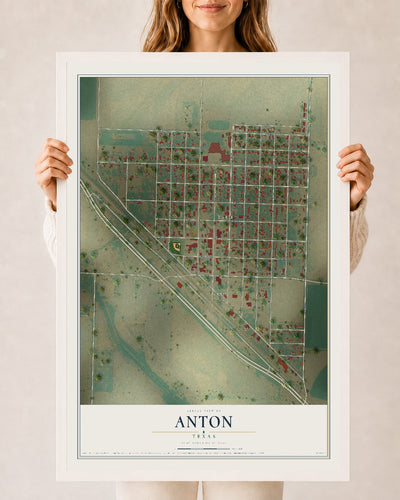 Map of Anton, Texas, 24 x 36 inch print in a white wood frame