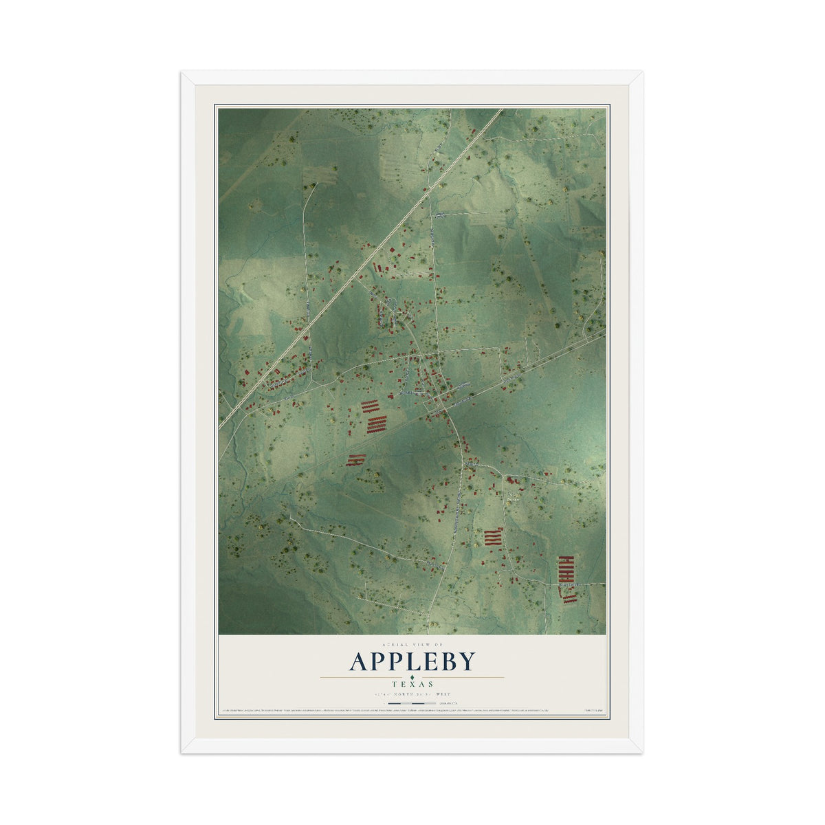 Map of Appleby, Texas, 12 x 18 inch print in a white wood frame