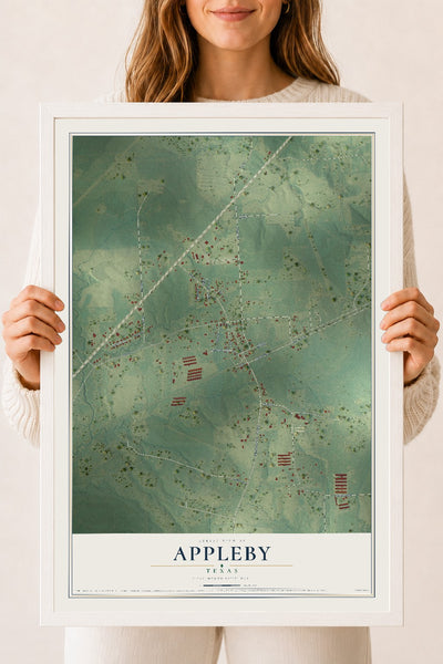 Map of Appleby, Texas, 18 x 24 inch print in a white wood frame