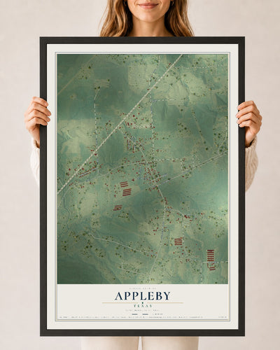 Map of Appleby, Texas, 24 x 36 inch print in a black wood frame