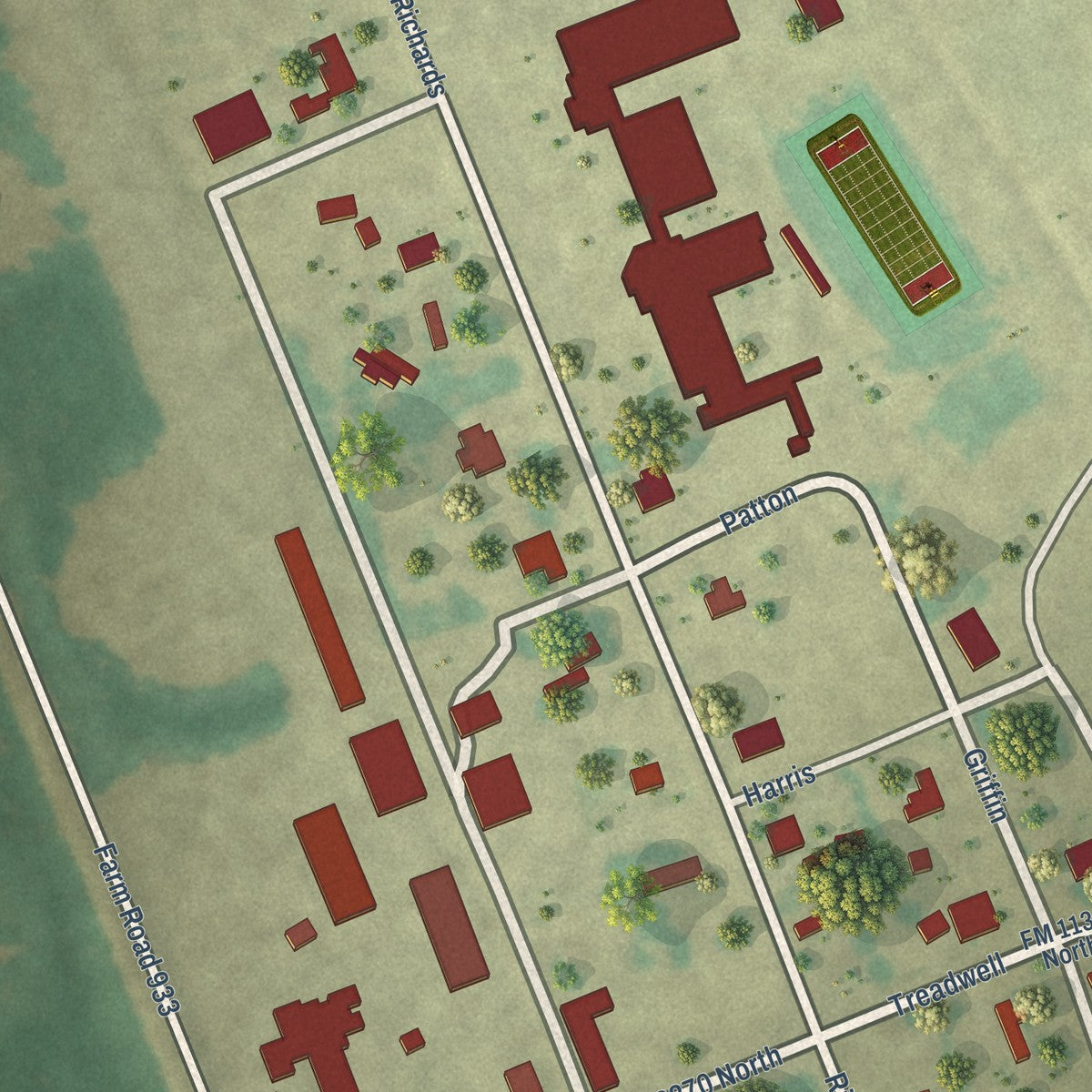 Close-up of the map of Aquilla, Texas print showing street and building detail