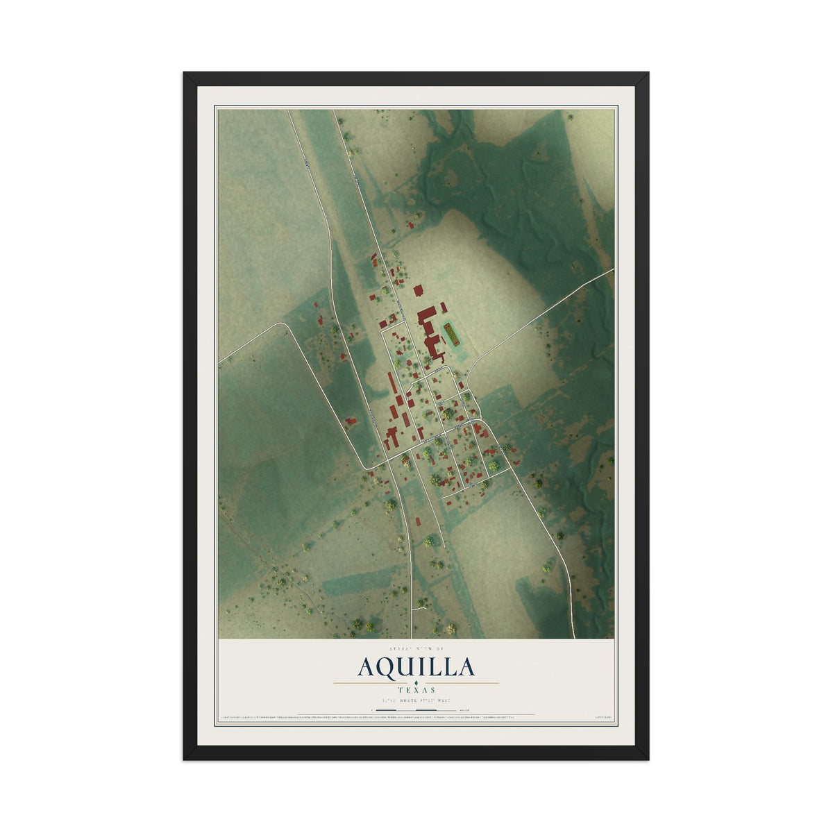 Map of Aquilla, Texas, 12 x 18 inch print in a black wood frame