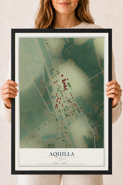 Map of Aquilla, Texas, 18 x 24 inch print in a black wood frame