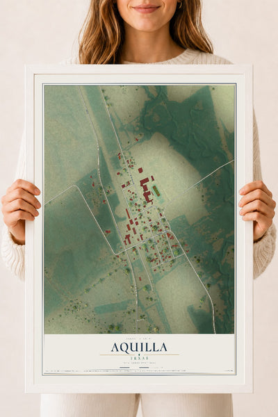 Map of Aquilla, Texas, 18 x 24 inch print in a white wood frame