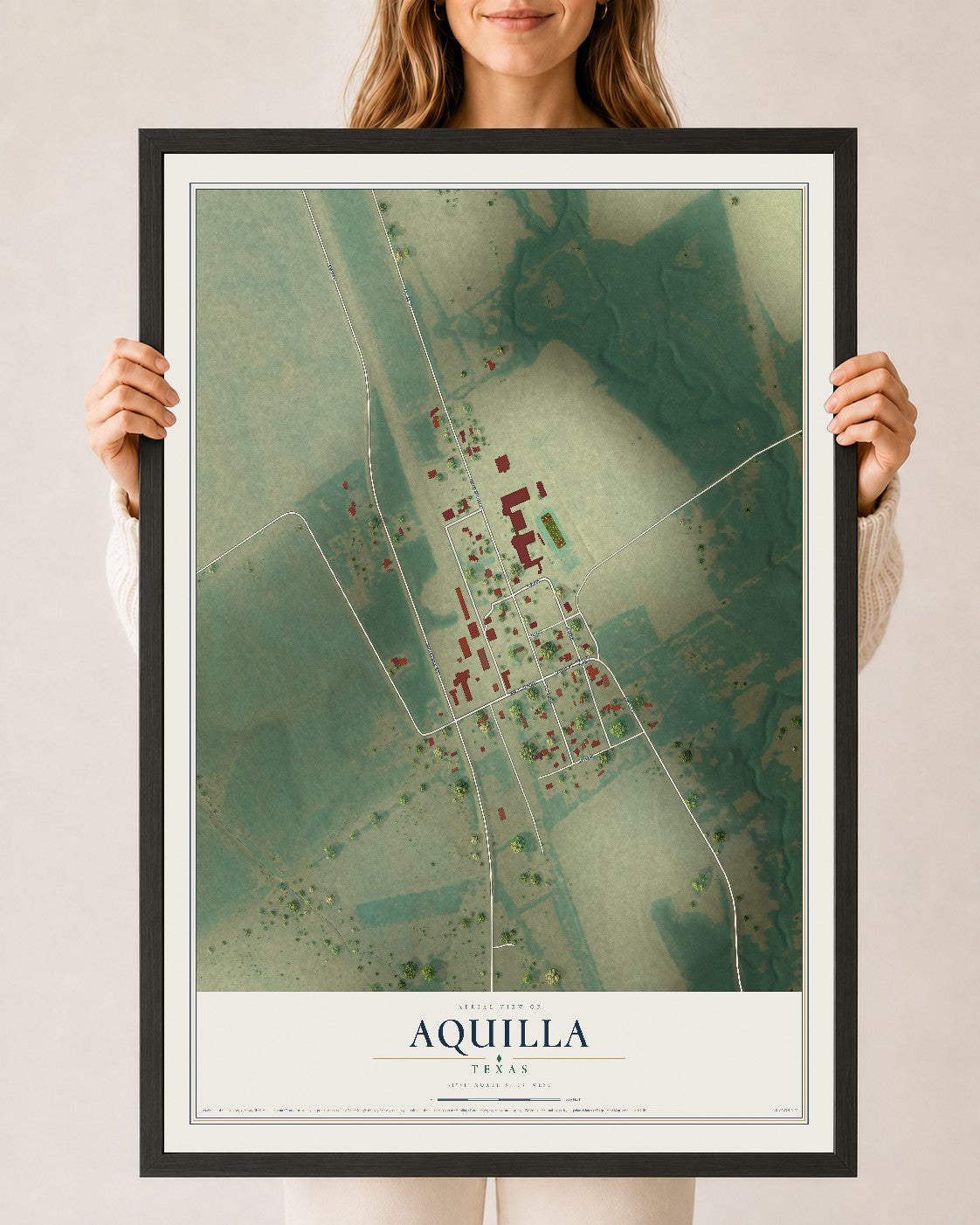 Map of Aquilla, Texas, 24 x 36 inch print in a black wood frame