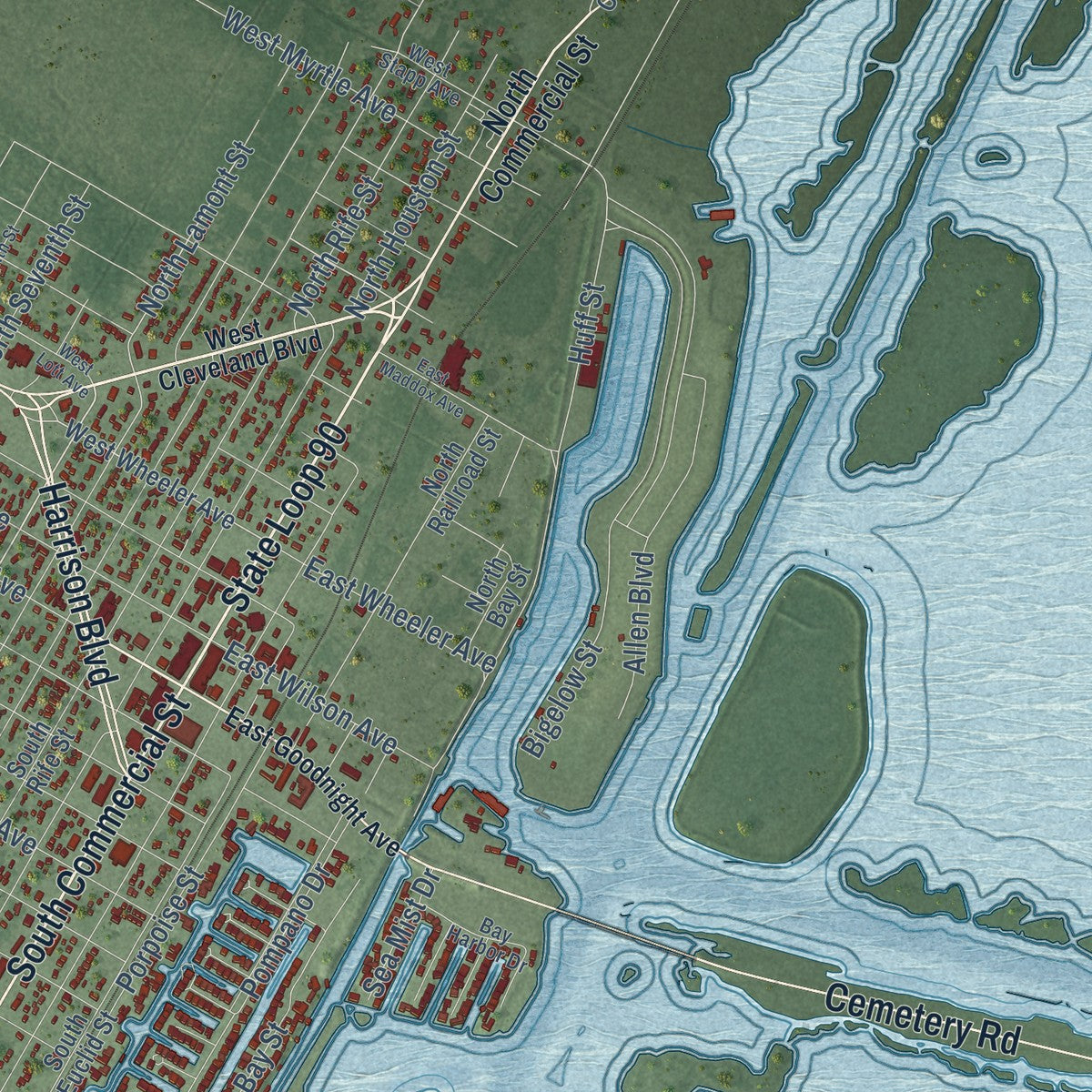 Close-up of the map of Aransas Pass, Texas print showing street and building detail