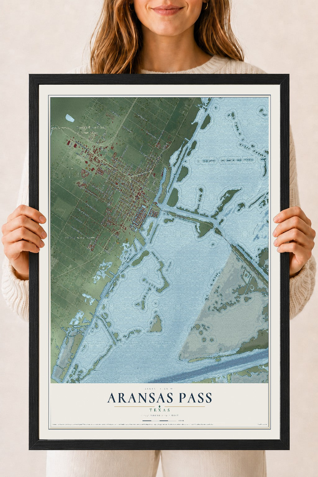 Map of Aransas Pass, Texas, 18 x 24 inch print in a black wood frame