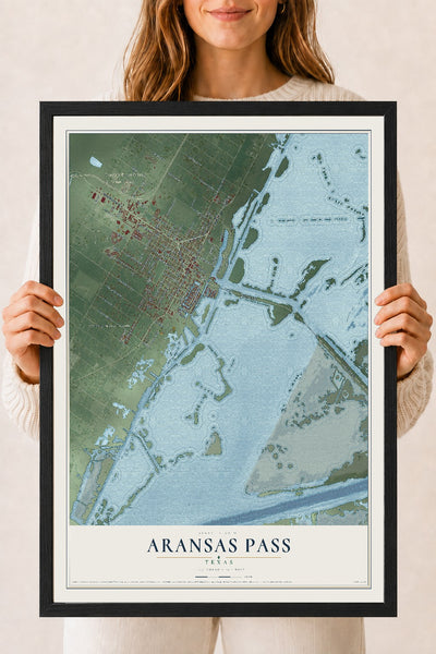 Map of Aransas Pass, Texas, 18 x 24 inch print in a black wood frame