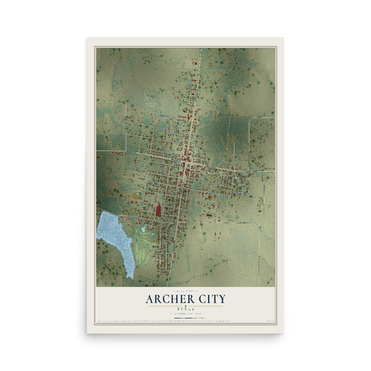 Map of Archer City, Texas, 12 x 18 inch unframed archival matte print