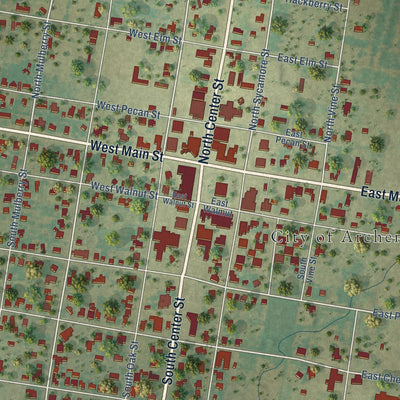 Close-up of the map of Archer City, Texas print showing street and building detail