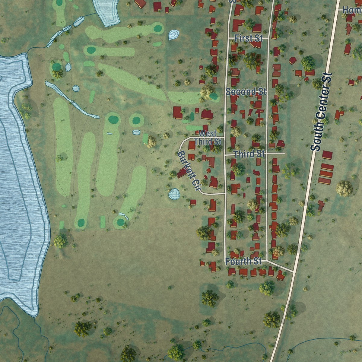 Second close-up of the map of Archer City, Texas print showing more streets and buildings