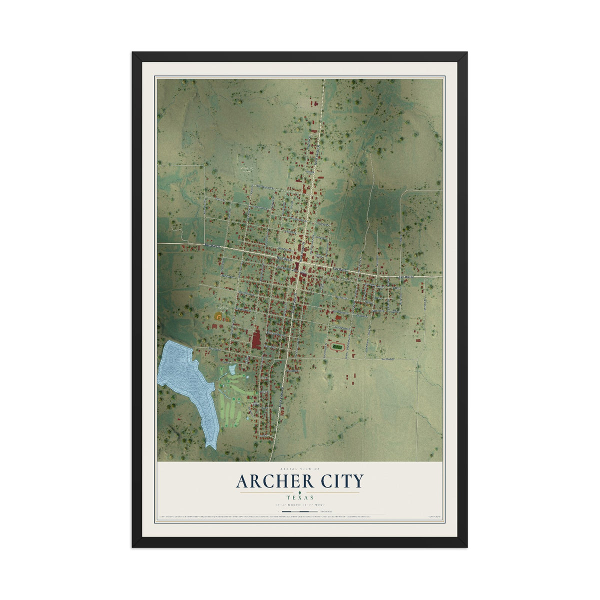 Map of Archer City, Texas, 12 x 18 inch print in a black wood frame