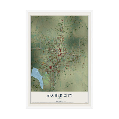 Map of Archer City, Texas, 12 x 18 inch print in a white wood frame