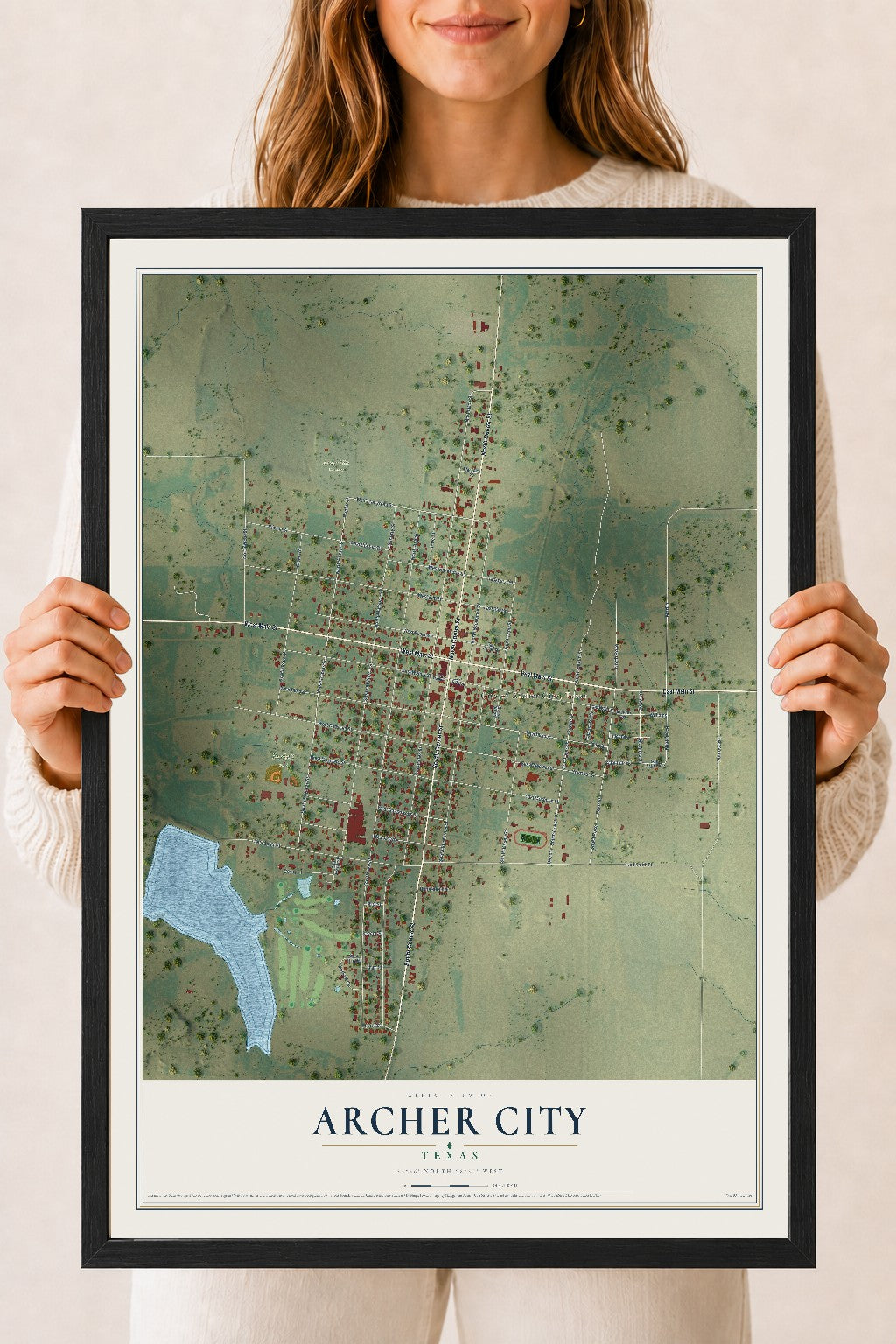 Map of Archer City, Texas, 18 x 24 inch print in a black wood frame
