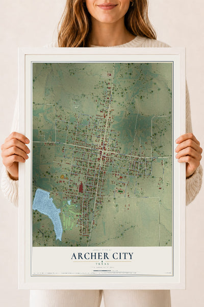 Map of Archer City, Texas, 18 x 24 inch print in a white wood frame
