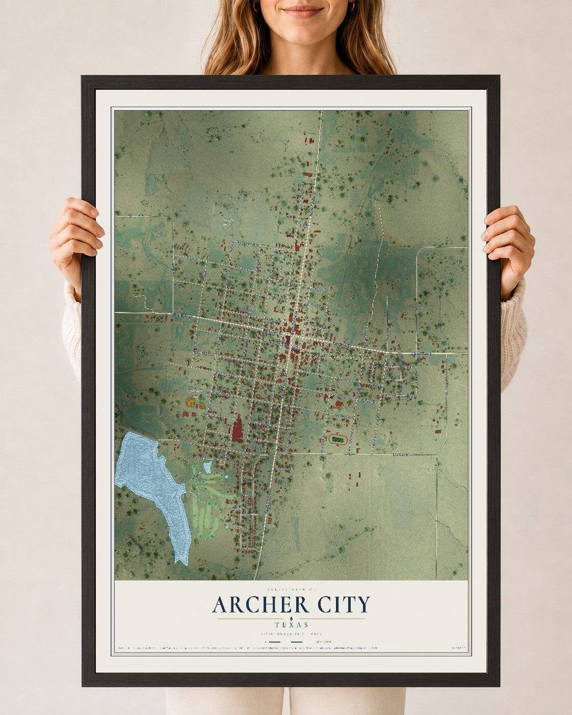 Map of Archer City, Texas, 24 x 36 inch print in a black wood frame