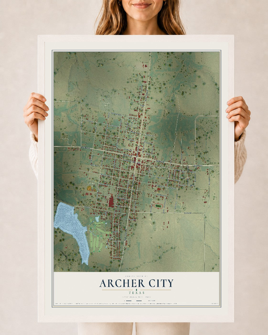 Map of Archer City, Texas, 24 x 36 inch print in a white wood frame